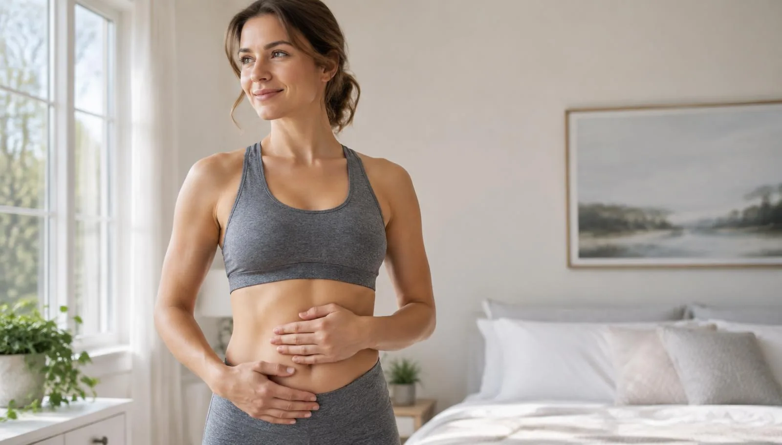 Tummy tuck (abdominoplasty) illustration: woman in activewear with her hands resting on her abdomen