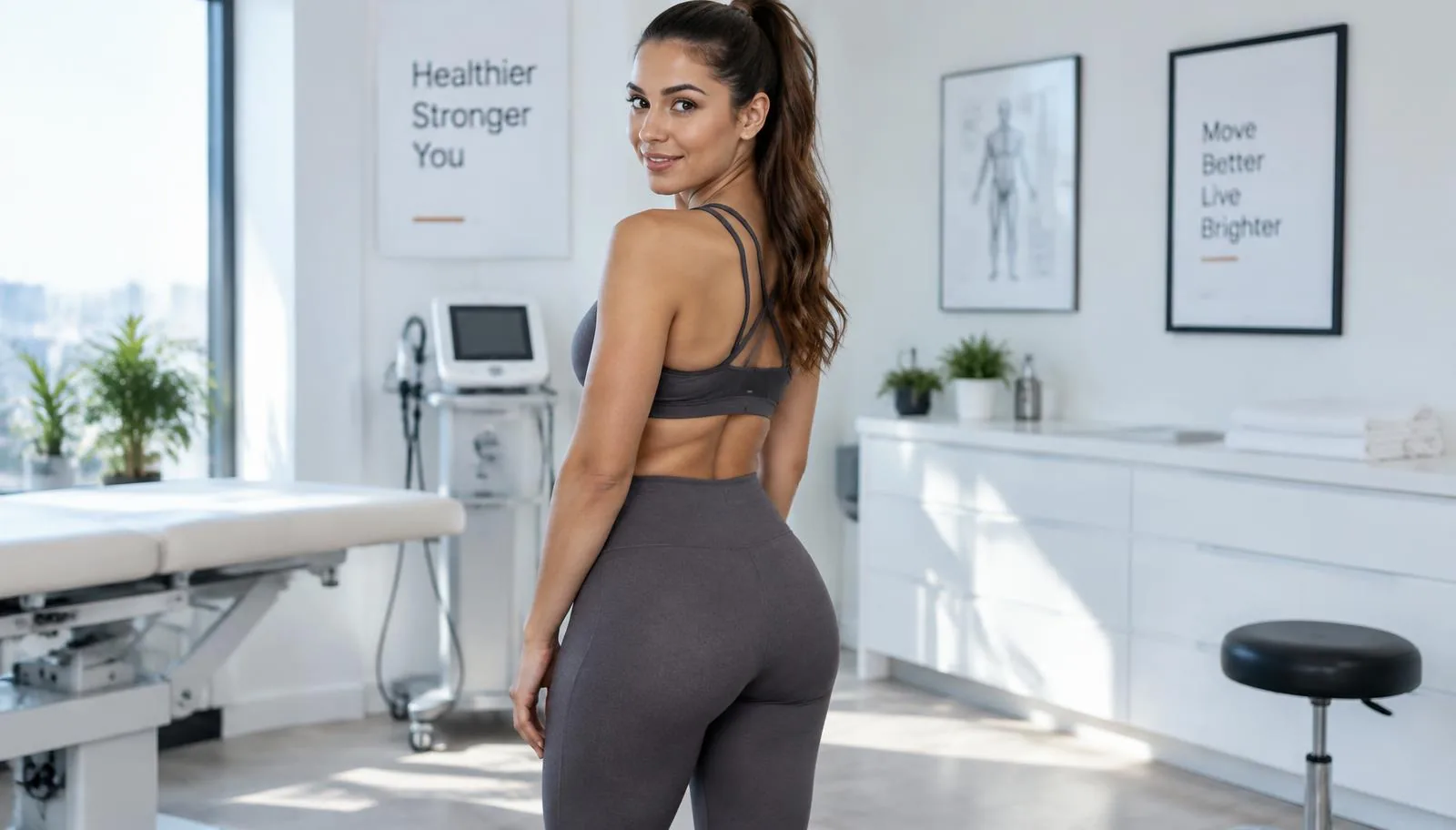 Brazilian butt lift (BBL) illustration: woman in fitted activewear showing her waist and hip profile