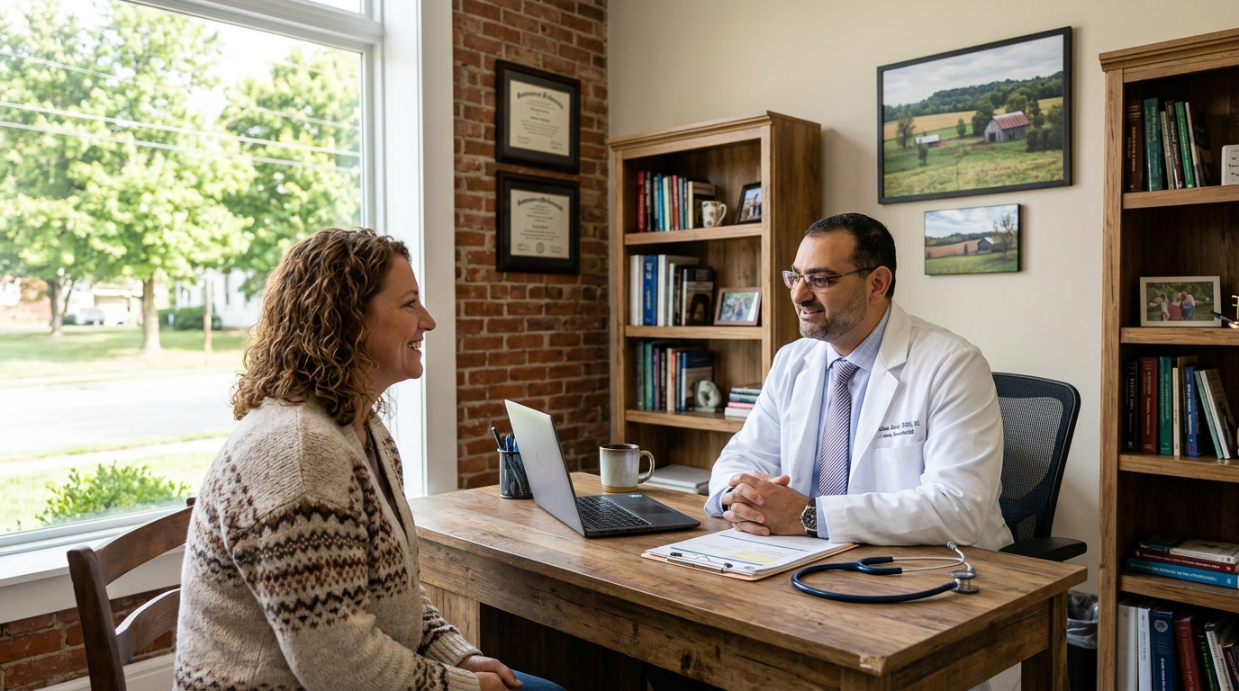 Dr. Saba consulting with a patient in Bowling Green
